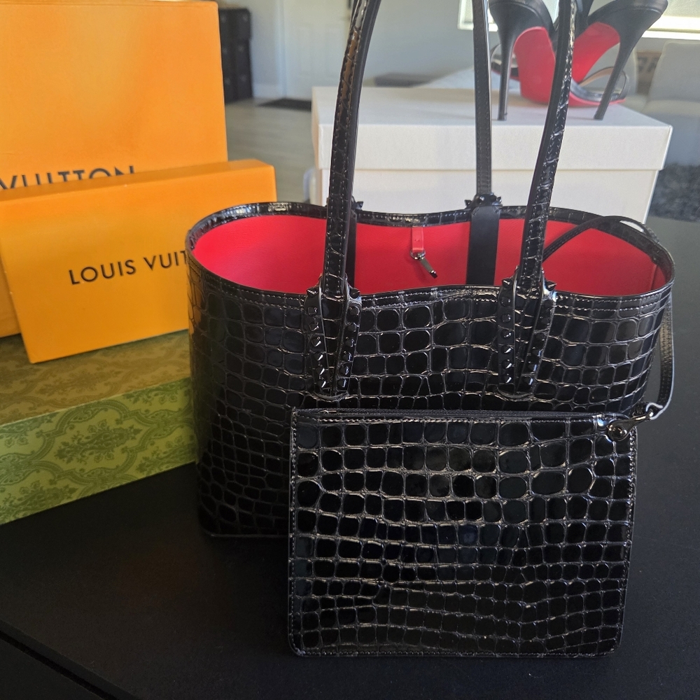 Authentic Christian Louboutin Black Croc-Embossed Tote Out of Stock